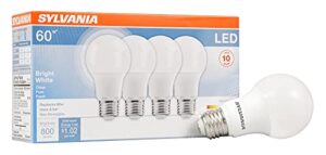sylvania led light bulb, 60w equivalent a19, efficient 8.5w, medium base, frosted finish, 800 lumens, bright white - 4 pack (79704)