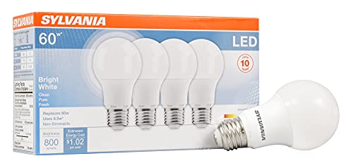 SYLVANIA LED Light Bulb, 60W Equivalent A19, Efficient 8.5W, Medium Base, Frosted Finish, 800 Lumens, Bright White - 4 Pack (79704)