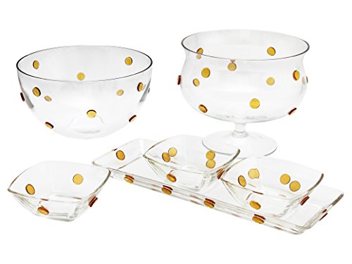 GAC Glass Trifle Footed Fruit Bowl with Gold Polkadots, Size - 8 Inch