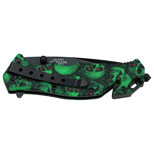 Master USA – Spring Assisted Folding Knife – Black Stainless Steel Blade, Green Skull Camo Coated Nylon Fiber Handle w/ Rope Cutter, Glass Punch, Pocket Clip, Tactical, EDC, Self Defense- MU-A001GNSC