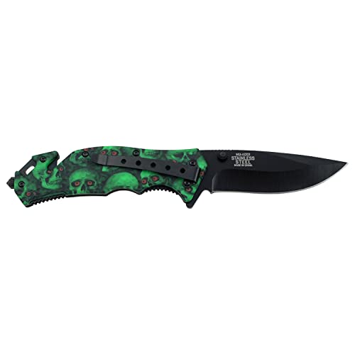 Master USA – Spring Assisted Folding Knife – Black Stainless Steel Blade, Green Skull Camo Coated Nylon Fiber Handle w/ Rope Cutter, Glass Punch, Pocket Clip, Tactical, EDC, Self Defense- MU-A001GNSC