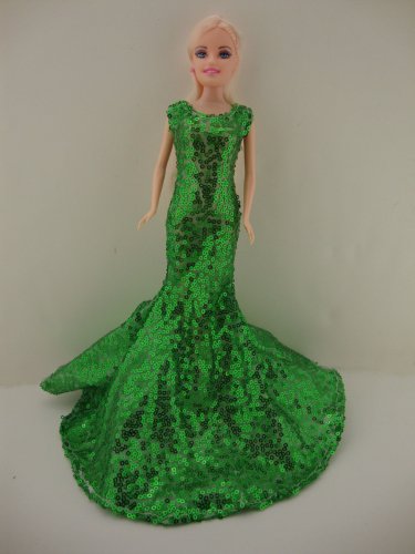 Awe Inspiring Green Sequined Mermaid Gown Made to Fit Barbie Doll