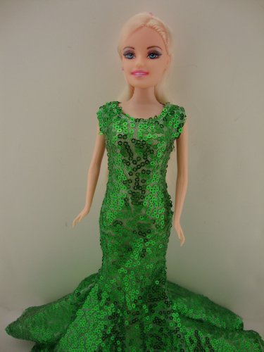 Awe Inspiring Green Sequined Mermaid Gown Made to Fit Barbie Doll