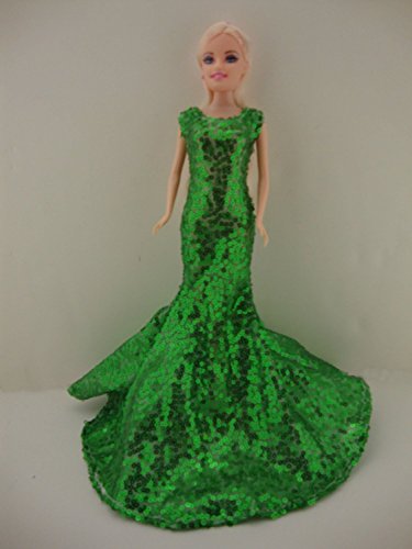 Awe Inspiring Green Sequined Mermaid Gown Made to Fit Barbie Doll