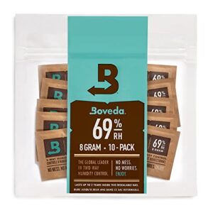 boveda 69% two-way humidity control packs for storing up to 5 items – size 8 – 10 pack – for small plastic travel cases & bags – moisture absorbers – humidifier packs in resealable bag