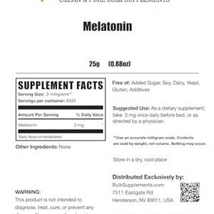 BULKSUPPLEMENTS.COM Melatonin Powder - Melatonin Sleep Supplement, Melatonin for Adults, Melatonin 3 mg - Vegan Melatonin, Pure & Gluten Free, 3mg per Serving, 25g (0.88 oz)