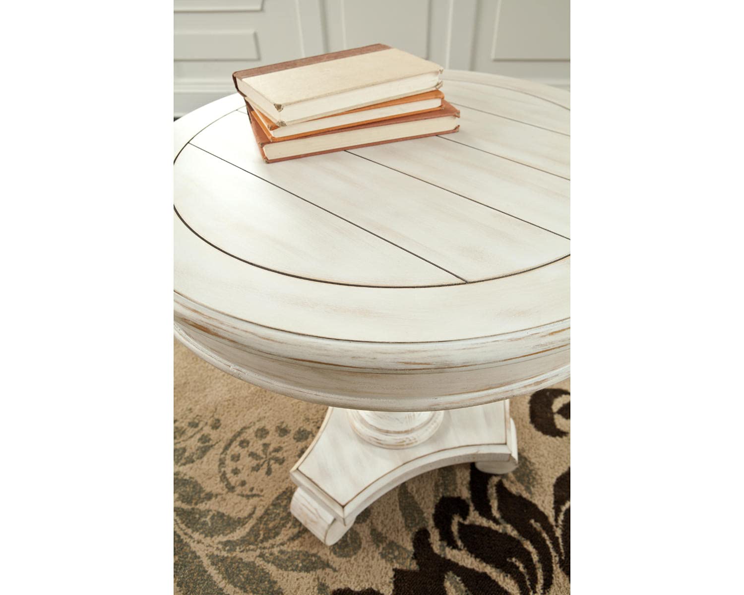 Signature Design by Ashley Mirimyn Cottage Vintage Hand-Finished Round Accent Table, Distressed White Finish