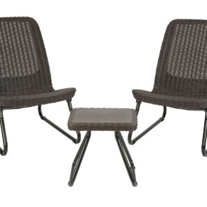 Keter Rio 3 Piece Resin Wicker Patio Furniture Set with Side Table and Outdoor Chairs, Brown