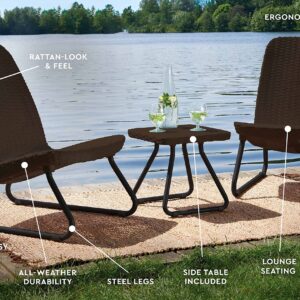 Keter Rio 3 Piece Resin Wicker Patio Furniture Set with Side Table and Outdoor Chairs, Brown