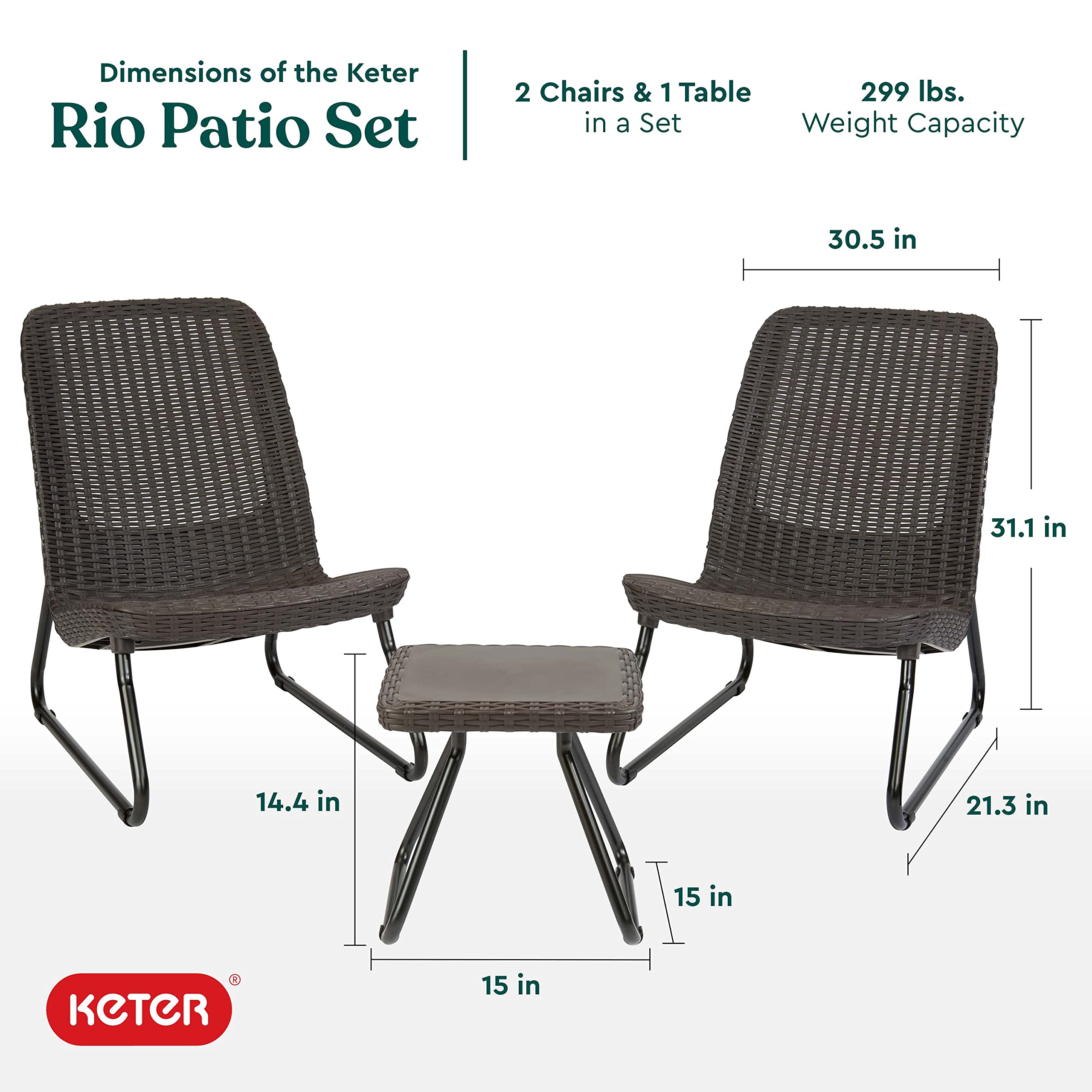 Keter Rio 3 Piece Resin Wicker Patio Furniture Set with Side Table and Outdoor Chairs, Brown