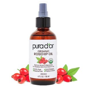 PURA D'OR Organic Rosehip Seed Oil,100% Pure Cold Pressed USDA Certified All Natural Moisturizer Facial Serum For Anti-Aging,Acne Scar Treatment,Gua Sha Massage,Face,Hair & Skin,Women & Men,4oz