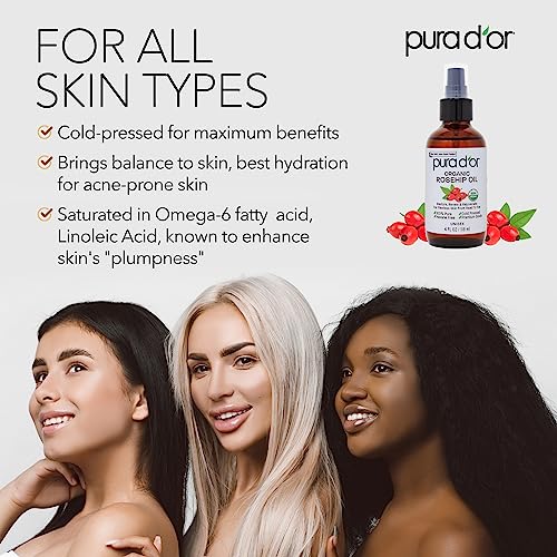 PURA D'OR Organic Rosehip Seed Oil,100% Pure Cold Pressed USDA Certified All Natural Moisturizer Facial Serum For Anti-Aging,Acne Scar Treatment,Gua Sha Massage,Face,Hair & Skin,Women & Men,4oz