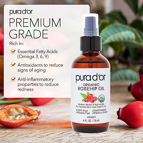 PURA D'OR Organic Rosehip Seed Oil,100% Pure Cold Pressed USDA Certified All Natural Moisturizer Facial Serum For Anti-Aging,Acne Scar Treatment,Gua Sha Massage,Face,Hair & Skin,Women & Men,4oz