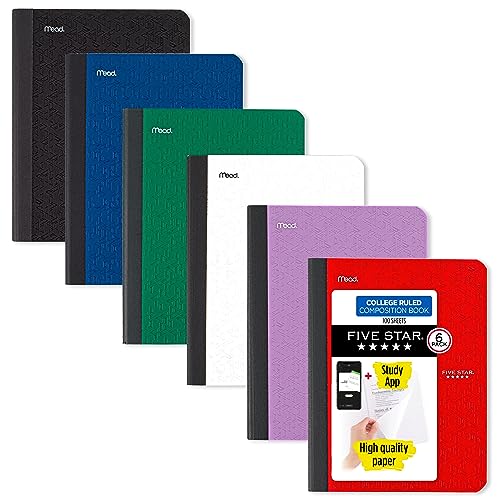 Five Star Composition Notebooks, 6 Pack, College Ruled Paper, 9-3/4" x 7-1/2", 100 Sheets per Comp Book, Black, Red, Green, Blue, White, Purple (72944)