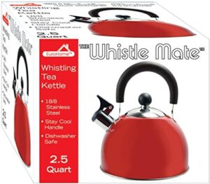 deep red 2.5 quart whistling tea kettle - constructed from 18/8 stainless steel and ergonomic stay cool handle with one-hand pouring mechanism