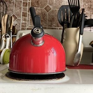 Deep Red 2.5 Quart Whistling Tea Kettle - Constructed from 18/8 Stainless Steel and Ergonomic Stay Cool Handle with One-Hand Pouring Mechanism