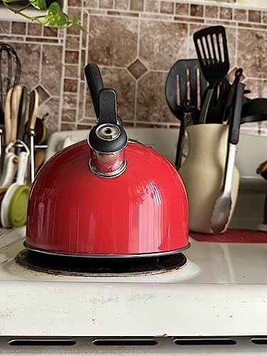 Deep Red 2.5 Quart Whistling Tea Kettle - Constructed from 18/8 Stainless Steel and Ergonomic Stay Cool Handle with One-Hand Pouring Mechanism