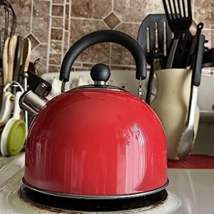 Deep Red 2.5 Quart Whistling Tea Kettle - Constructed from 18/8 Stainless Steel and Ergonomic Stay Cool Handle with One-Hand Pouring Mechanism