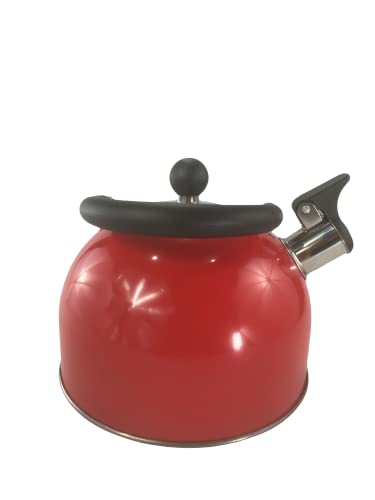 Deep Red 2.5 Quart Whistling Tea Kettle - Constructed from 18/8 Stainless Steel and Ergonomic Stay Cool Handle with One-Hand Pouring Mechanism