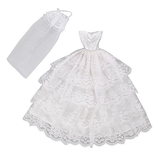 E-TING Handmade Wedding Evening Party Dress Clothes Gown Veil for Girl Dolls (White)