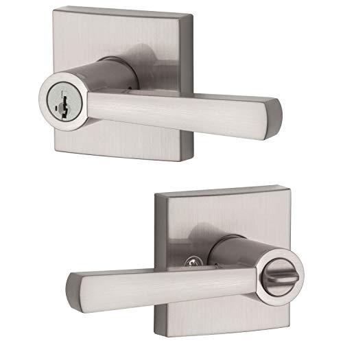 Baldwin Spyglass , Entry Door Handle Reversible Lever with Keyed Lock Featuring SmartKey Re-key Technology and Microban Protection, in Satin Nickel