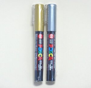 uni posca paint marker pc-1m gold & silver, 2 pens per pack(japan import) [komainu-dou original package]