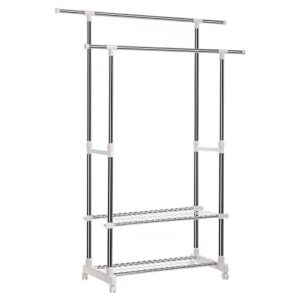 songmics clothes rails, double hanging rails with 2-tier shelves, telescopic extendable coat rack with casters, stainless steel coated iron pipes, 154 x 42 x 172 cm by songmics