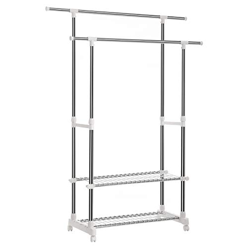 SONGMICS Clothes Rails, Double Hanging Rails with 2-Tier Shelves, Telescopic Extendable Coat Rack with Casters, Stainless Steel Coated Iron Pipes, 154 x 42 x 172 cm by SONGMICS