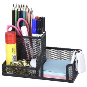 comix mesh pen pencil holder with post it note holders desk organizer, 3 compartment wire desktop pen pencil cup caddy office supplies accessories for home office school, black