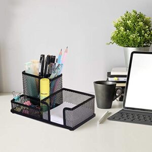 Comix Mesh Pen Pencil Holder with Post It Note Holders Desk Organizer, 3 Compartment Wire Desktop Pen Pencil Cup Caddy Office Supplies Accessories for Home Office School, Black