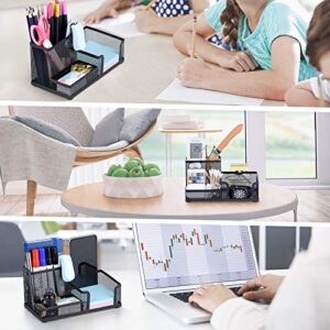 Comix Mesh Pen Pencil Holder with Post It Note Holders Desk Organizer, 3 Compartment Wire Desktop Pen Pencil Cup Caddy Office Supplies Accessories for Home Office School, Black