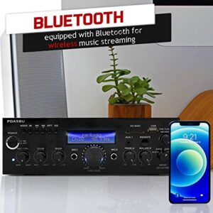 Pyle Wireless Bluetooth Power Amplifier-200 Watt Audio Stereo Receiver w/USB Port, AUX in, FM Radio, 2 Karaoke Microphone Input, Remote-Home Entertainment System, Black, 10.5" x 8.8" x 2.8" (PDA5BU)