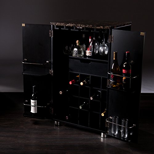 SEI Furniture Cape Town Contemporary Bar Liquor and Wine Cabinet with Storage, Faux Marble Countertop with Black Finish