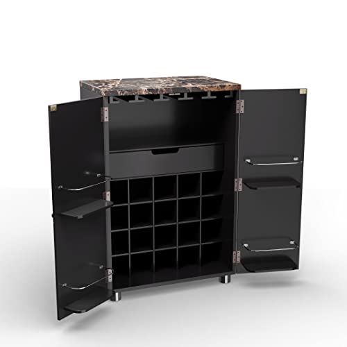 SEI Furniture Cape Town Contemporary Bar Liquor and Wine Cabinet with Storage, Faux Marble Countertop with Black Finish