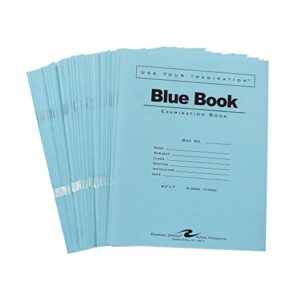roaring spring test blue exam book, wide ruled with margin, 50 pack, 8.5" x 7" 6 sheets/12 pages, blue cover