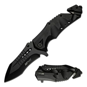 mtech usa – spring assisted folding knife – black stainless steel blade and black aluminum handle with rope cutter, glass punch and pocket clip - hunting, camping, survival, tactical, edc – mt-a845bk