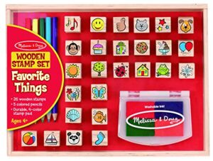 melissa & doug wooden stamp set, favorite things - 26 stamps, 4-color stamp pad with washable ink for art projects for kids ages 4+