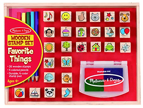 Melissa & Doug Wooden Stamp Set, Favorite Things - 26 Stamps, 4-Color Stamp Pad With Washable Ink For Art Projects For Kids Ages 4+