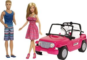 barbie car beach cruiser with doll in sundress and ken outfit, pink 2-seater open toy