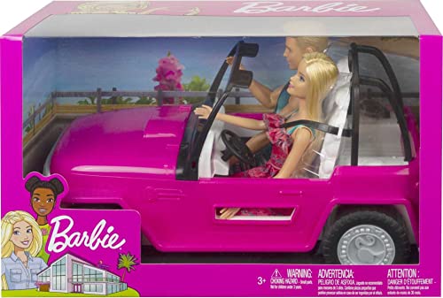 Barbie Car Beach Cruiser with Doll in Sundress and Ken Outfit, Pink 2-Seater Open Toy