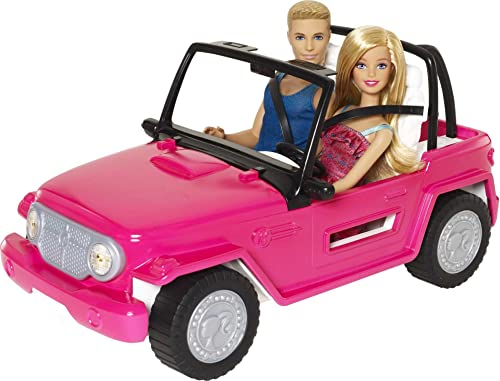 Barbie Car Beach Cruiser with Doll in Sundress and Ken Outfit, Pink 2-Seater Open Toy