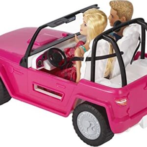 Barbie Car Beach Cruiser with Doll in Sundress and Ken Outfit, Pink 2-Seater Open Toy