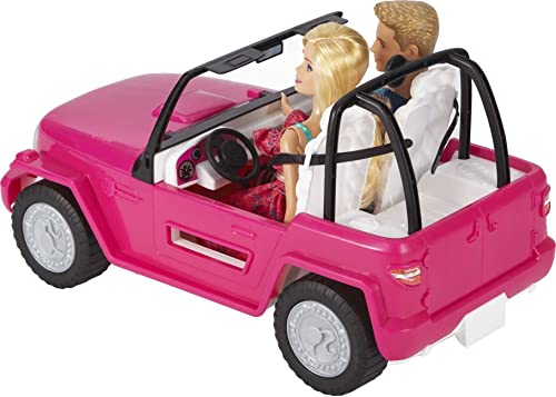 Barbie Car Beach Cruiser with Doll in Sundress and Ken Outfit, Pink 2-Seater Open Toy