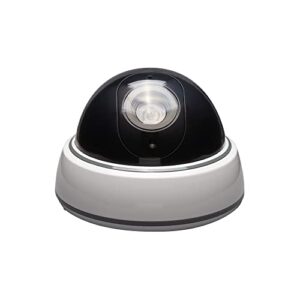 sabre fake dome security camera, flashing red light for nighttime visibility, realistic design deters intruders, battery operated, no wiring required, fake dummy camera, white