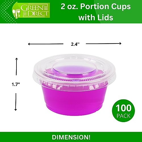 Green Direct 2 oz Disposable Jello Shot Cups with Lids | Pack of 100 | Leakproof Condiment Containers for Souffle, Dressings, and More!