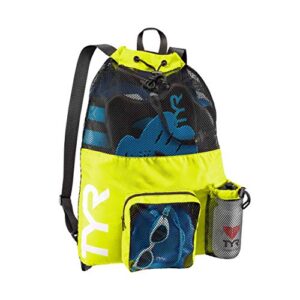 tyr big mesh mummy backpack for wet swimming, gym, and workout gear, yellow