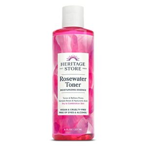 heritage store rosewater facial toner with hyaluronic acid, dry to combination skin care, hydrating toner refines pores & minimizes the appearance of fine lines & wrinkles, alcohol freeǂ, vegan, 8oz