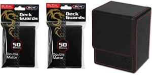 combo- bcw black deluxe leatherette deck case plus 2 50ct pks (100) of black double matte deck guard sleeves for collectable gaming cards like magic the gathering mtg, pokemon, yu-gi-oh!, & more. embossed dragon graphic, box.