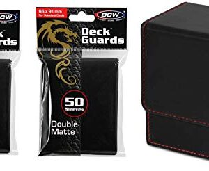 COMBO- BCW Black Deluxe Leatherette Deck Case plus 2 50ct Pks (100) of BLACK Double Matte Deck Guard Sleeves for Collectable Gaming Cards like Magic The Gathering MTG, Pokemon, YU-GI-OH!, & More. Embossed Dragon Graphic, BOX.