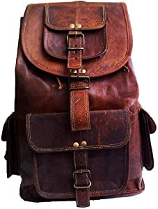 18" brown leather backpack vintage rucksack laptop bag water resistant casual daypack college bookbag comfortable lightweight travel hiking/picnic for men